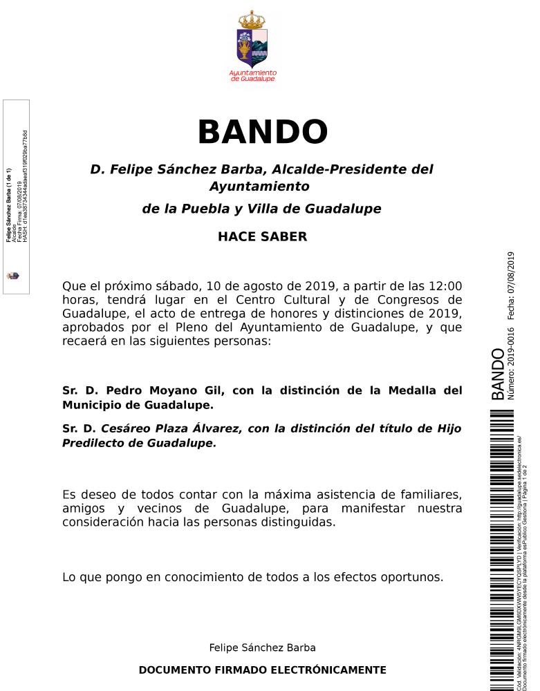 Imagen Bando: Acto de entrega de honores y distinciones 2019